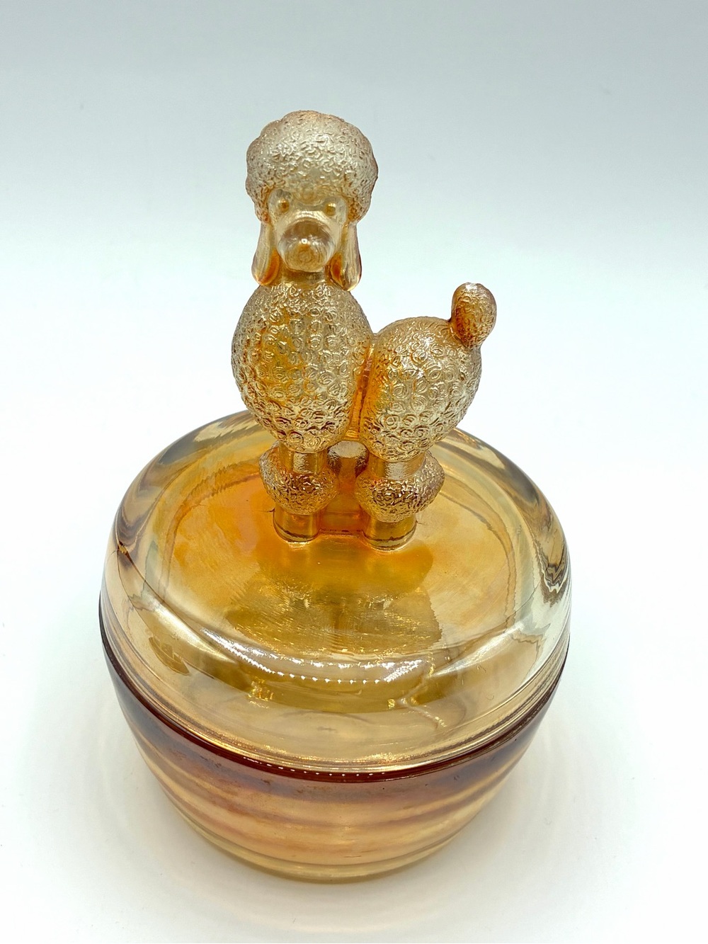 Vintage Jeannette Marigold Carnival Glass Poodle Covered Trinket Dish Jar
